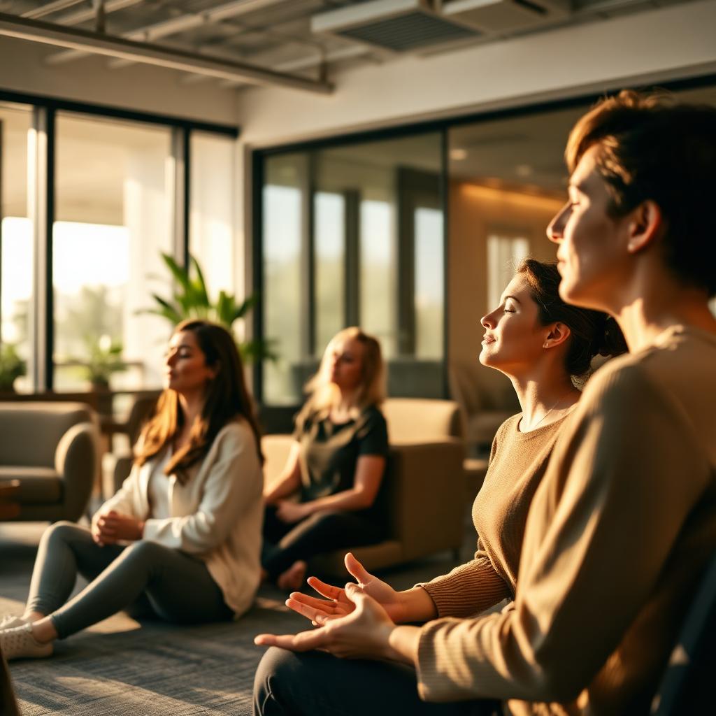 Personas empleadas en una sesión de pausa guiada en la oficina