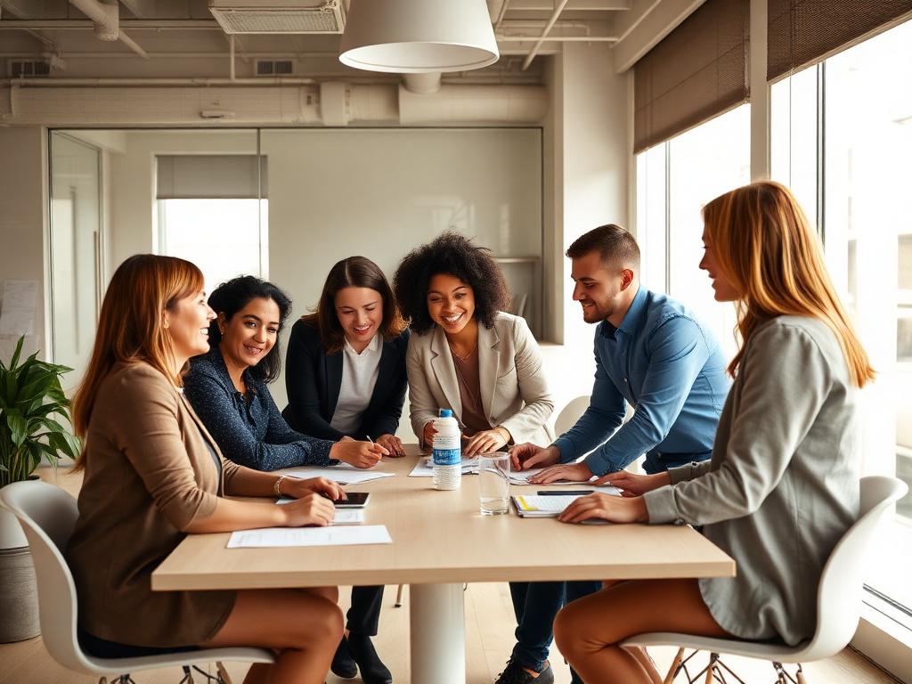 Equipo de trabajo colaborando en una oficina luminosa
