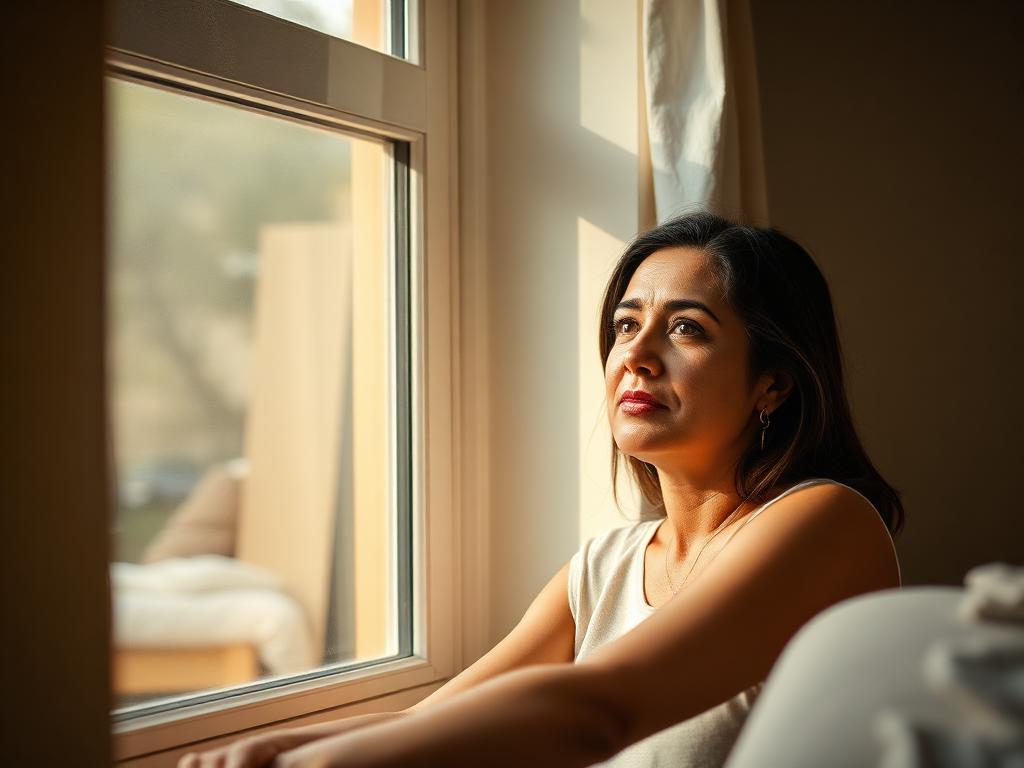 Mujer en un momento de calma junto a una ventana